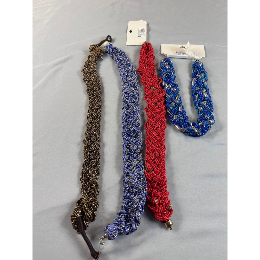 Lot of 4 Braided Seed Bead Statement Necklaces Red Blue Purple Bronze NWT‎